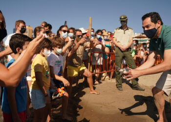 El presidente de la Junta, Juanma Moreno, participa en la suelta en el mar de las tortugas bobas
