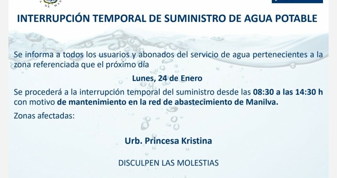 Hidralia informa que mañana estará temporalmente cortada el agua en Princesa Kristina