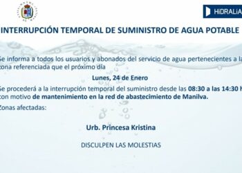 Hidralia informa que mañana estará temporalmente cortada el agua en Princesa Kristina