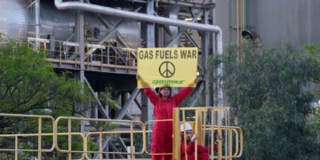 Greenpeace escala una central térmica en Málaga para denunciar que quema gas ruso «que financia la guerra»