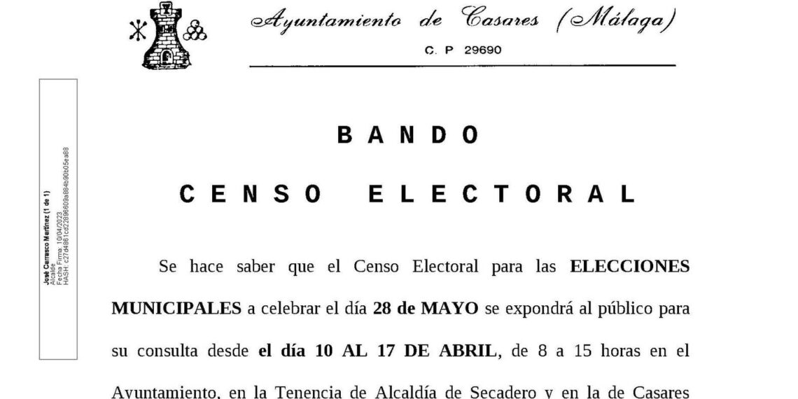 Exposición al público del Censo Electoral para las Municipales del 28 de Mayo en Casares