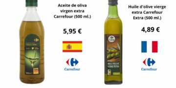 Carrefour vende en Francia su marca blanca de virgen extra hasta 2 euros/litro más barata que en España