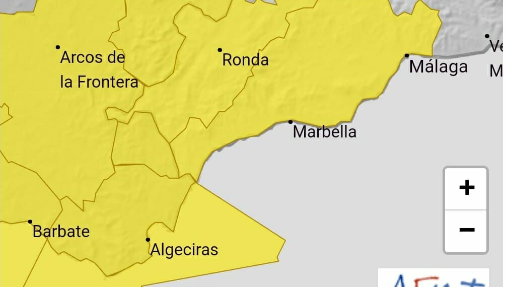AEMET activa para el viernes el aviso amarillo por lluvias en toda la Costa del Sol