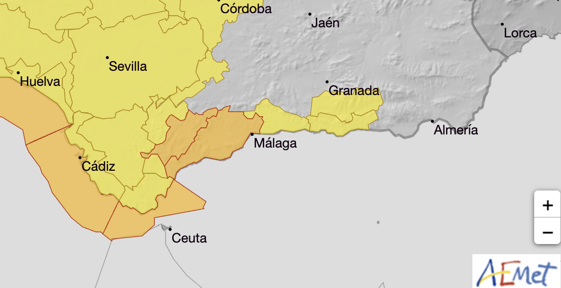 Aemet eleva la alerta a naranja por fuertes lluvias este lunes en la Costa del Sol