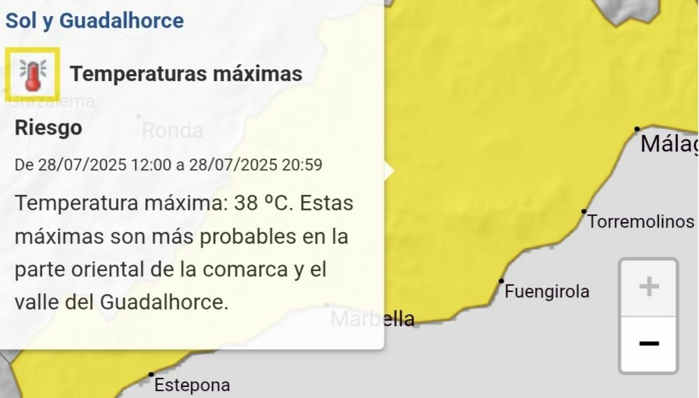 Vuelve la alerta amarilla de la AEMET a la Costa del Sol, con temperaturas máximas de 38 grados
