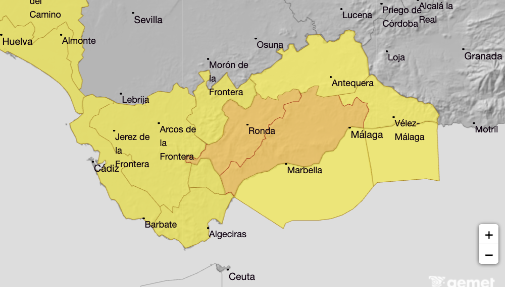 Aviso naranja por fuertes lluvias y viento en la Costa del Sol este fin de semana