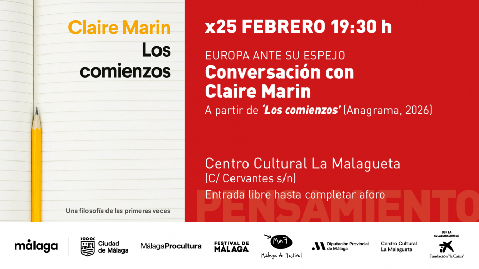 El centro cultural La Malagueta presenta su programación semanal con encuentros con Carlos Blanco Pérez, Claire Marin, Chantal Maillard y Antonio Lucas