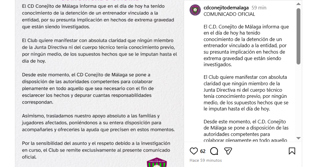 El club Conejito de Málaga «no tenía conocimiento previo» de los presuntos delitos sexuales de uno de sus entrenadores