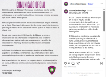 El club Conejito de Málaga «no tenía conocimiento previo» de los presuntos delitos sexuales de uno de sus entrenadores